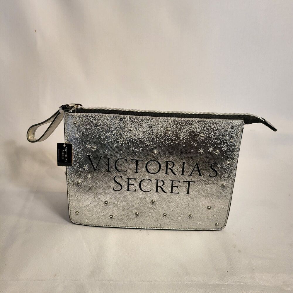 Victoria's Secret Silver Metallic Crystal Snowflakes Make Up Cosmetic Bag Pouch